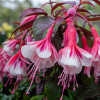 Large upright Fuchsia 'Fuchsita Pink White' plant, garden ready in a 2L pot, at Cedar Nursery in Cobham, Surrey.