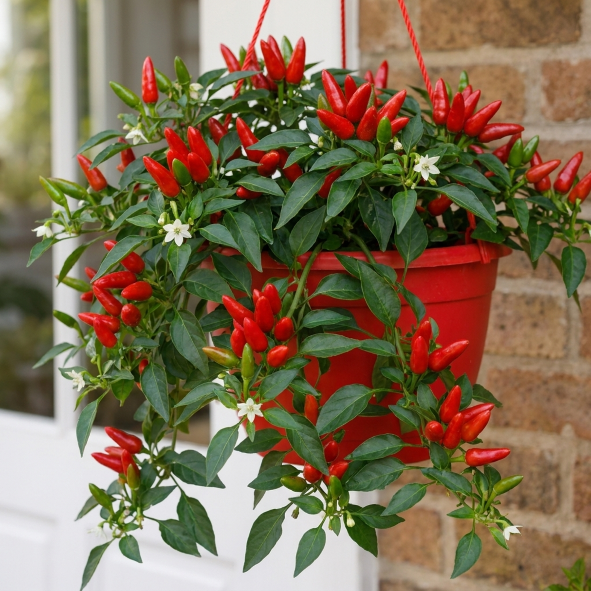 Sweet Pepper 'Peppers from Heaven Red' with red fruit and leafy green stems