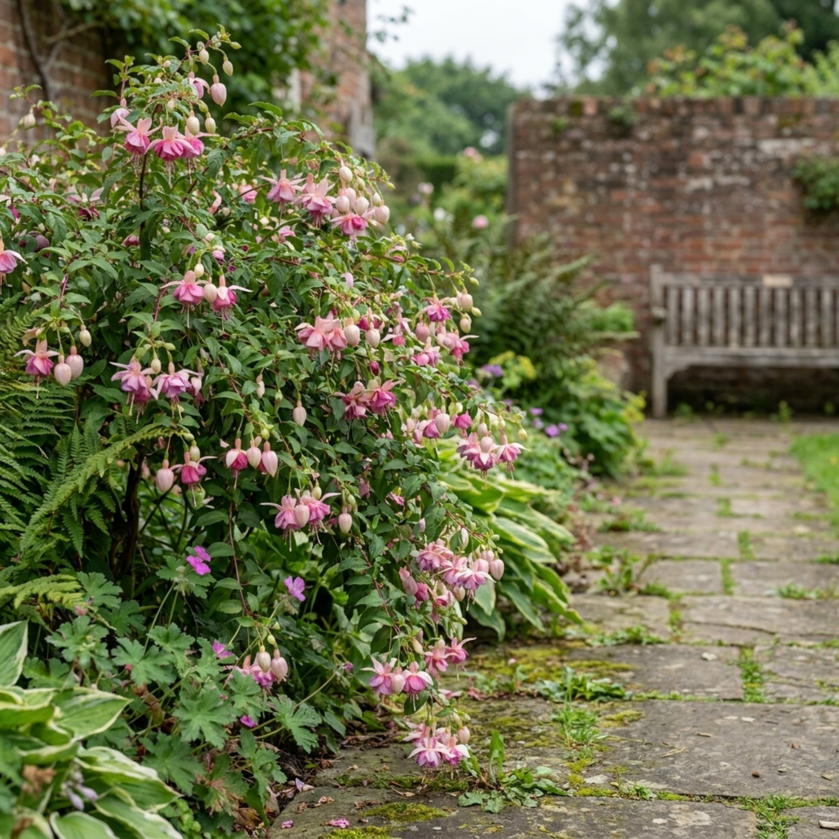 Fuchsia 'Claudia' trailing double fuchsia with tumbling stems, a favourite for hanging baskets and summer bedding.