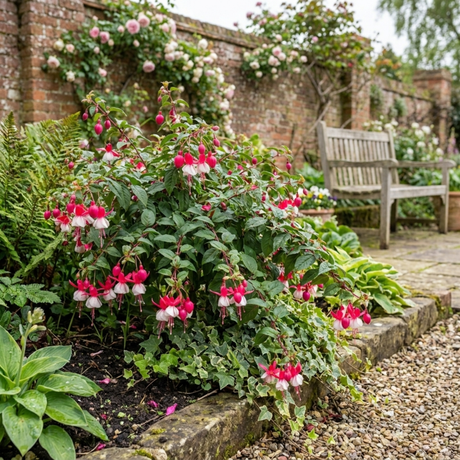 Fuchsia 'Cascade' trailing fuchsia with pendulous stems, ideal for hanging baskets and summer bedding.