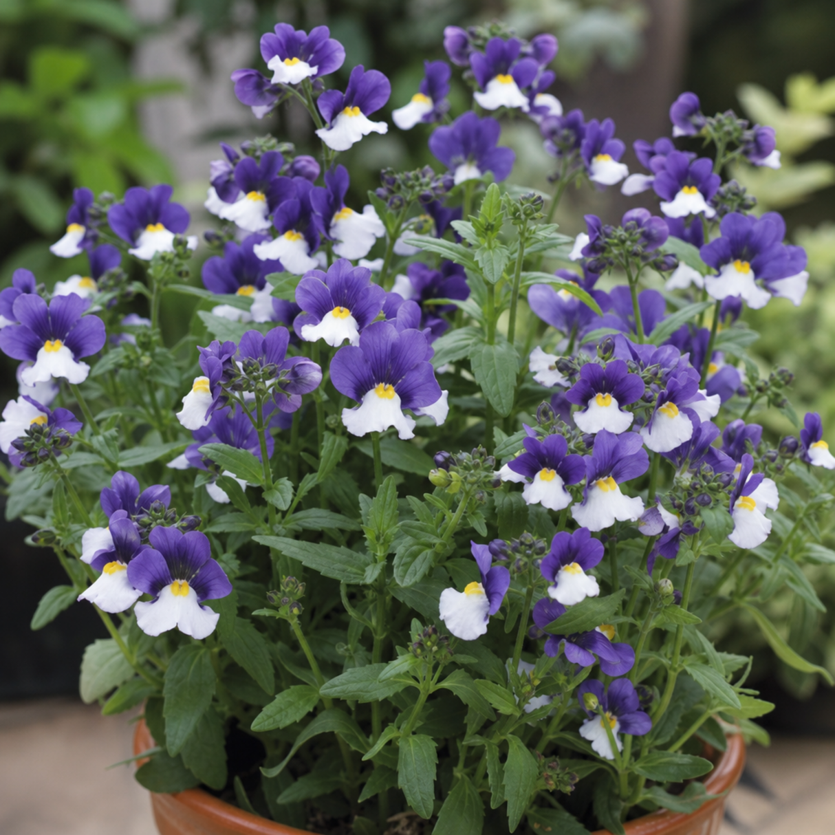 Nemesia 'Nuvo Blue Bicolour' large garden-ready plant in a 2L pot, from Cedar Nursery in Cobham, Surrey.