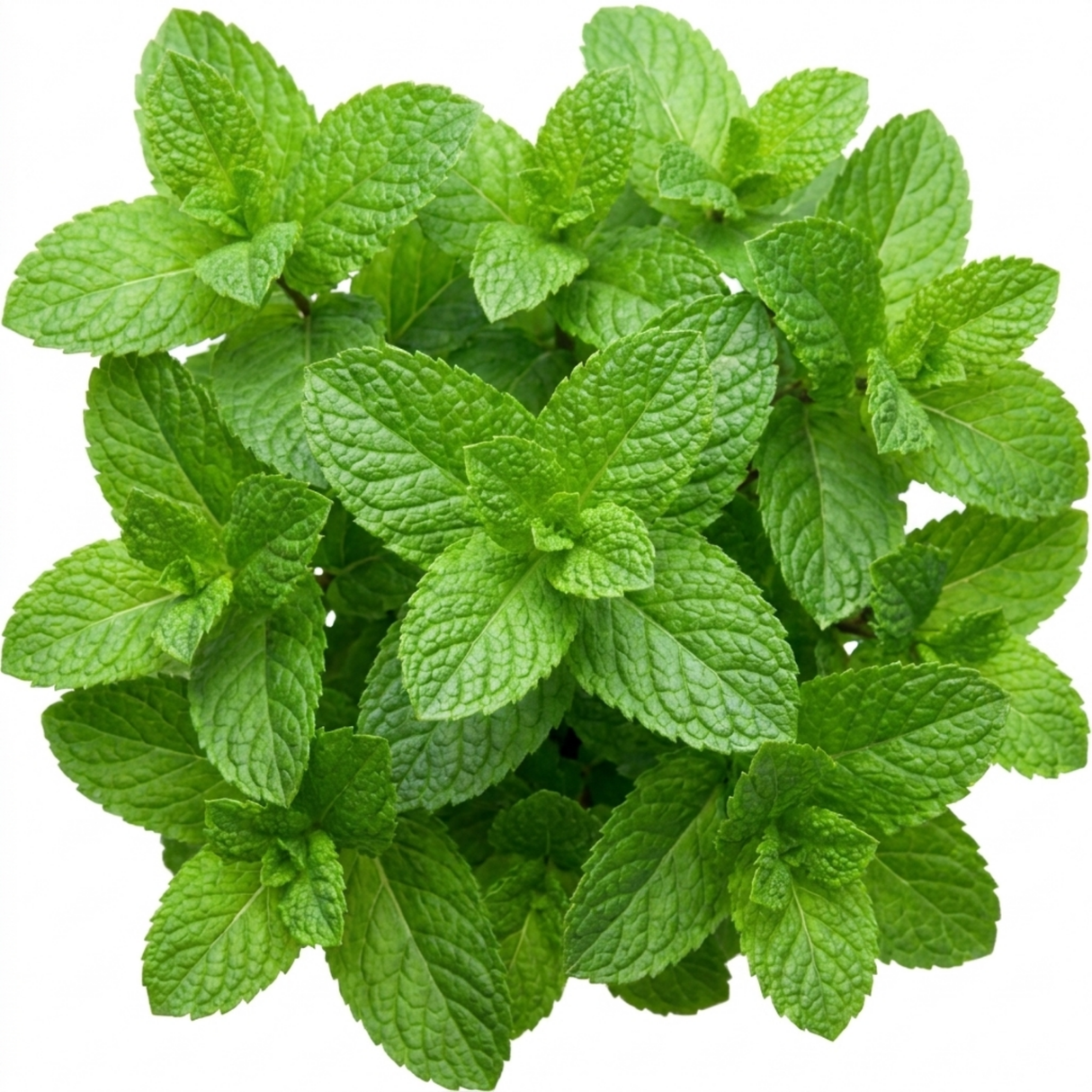 Moroccan Garden Mint, Mentha spicata var. crispa, forming leafy stems clothed in crinkled fresh green foliage.