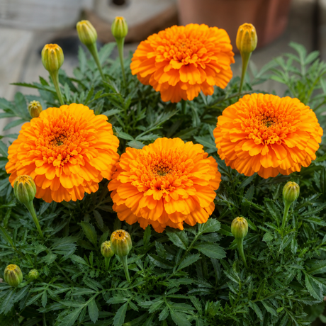 African Marigold 'Taishan Orange', a large garden-ready plant in a 2L pot.