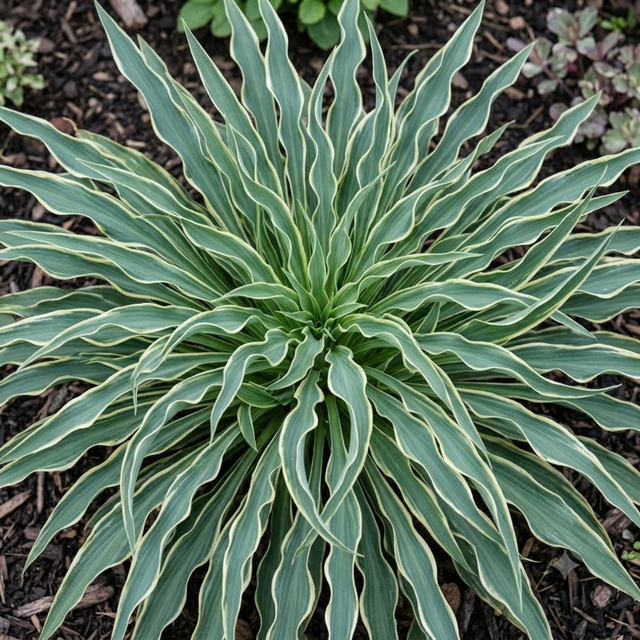 Hosta 'Silly String' with narrow, ribbon-like arching foliage forming a mounded clump.