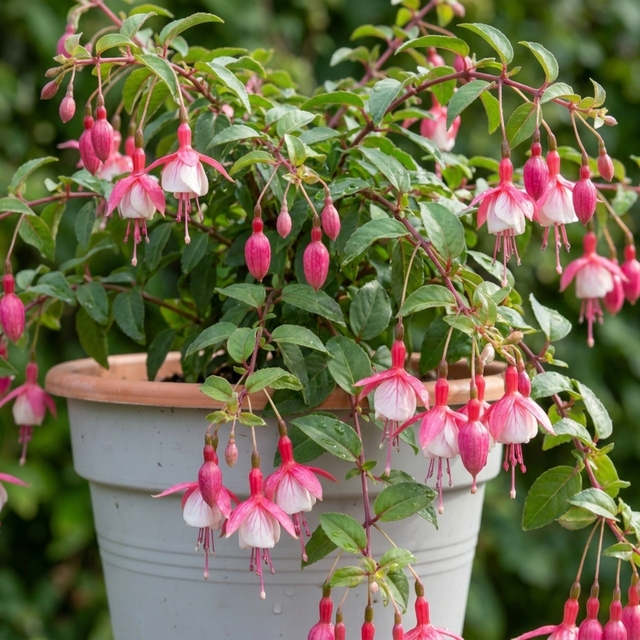 Fuchsia 'Cascade', a trailing fuchsia with cascading stems suited to hanging baskets and summer displays.