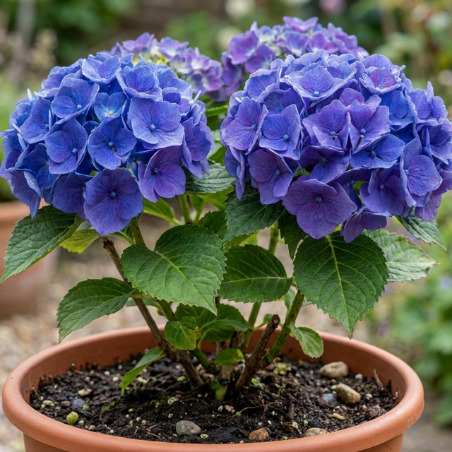 Large blue Hydrangea plant in a 2L pot, ready to plant in the garden, from Cedar Nursery