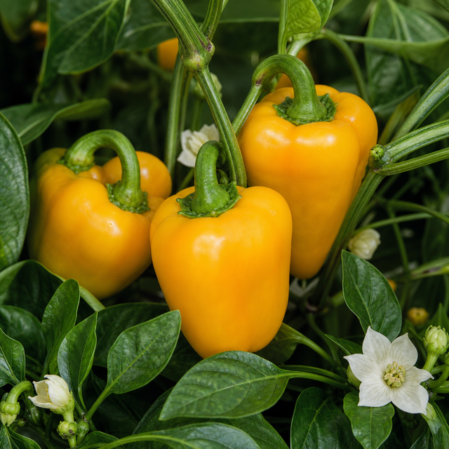 Sweet Pepper 'Snack Yellow' F1 live plant supplied in a 2 litre root ball, ready for patio or garden growing.