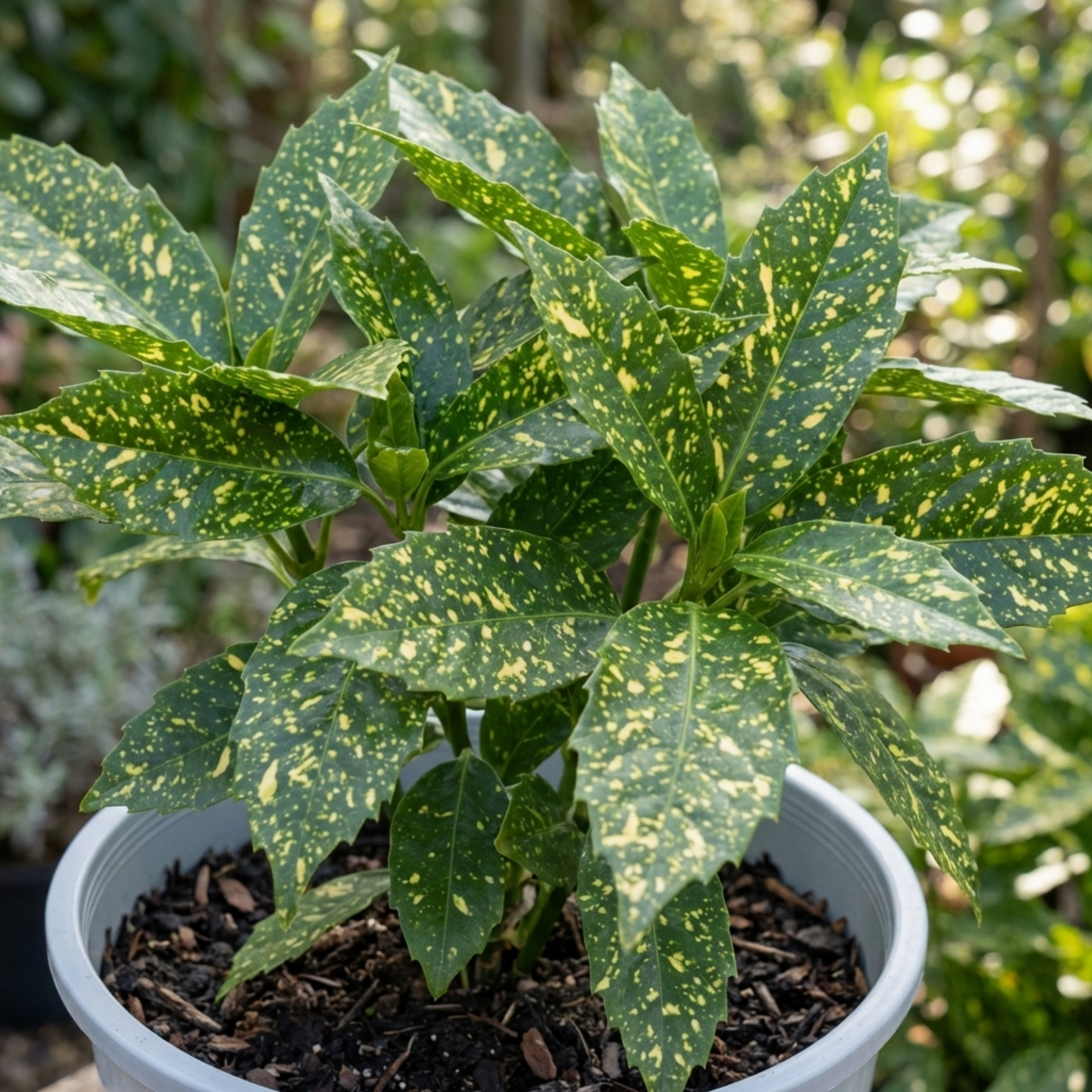 Aucuba 'Golden King' shrub with glossy green leaves boldly speckled and splashed with golden yellow variegation.