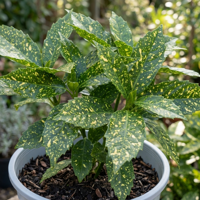 Aucuba 'Golden King' shrub with glossy green leaves boldly speckled and splashed with golden yellow variegation.