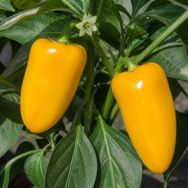 Sweet Pepper 'Astor' F1, a garden-ready yellow conical sweet pepper plant in a 2 litre root ball.