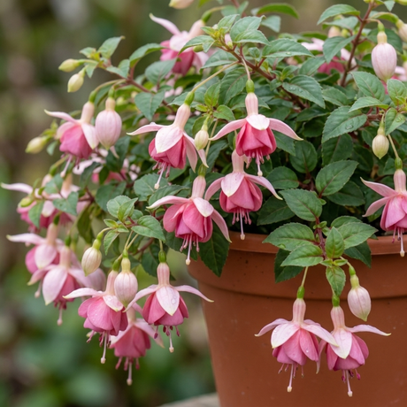 Fuchsia 'Claudia' trailing double fuchsia with cascading stems, suited to hanging baskets and summer displays.