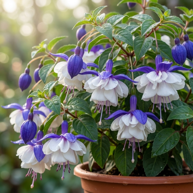 Fuchsia Blue Angel 'Blauer Engel', a trailing double-flowered fuchsia