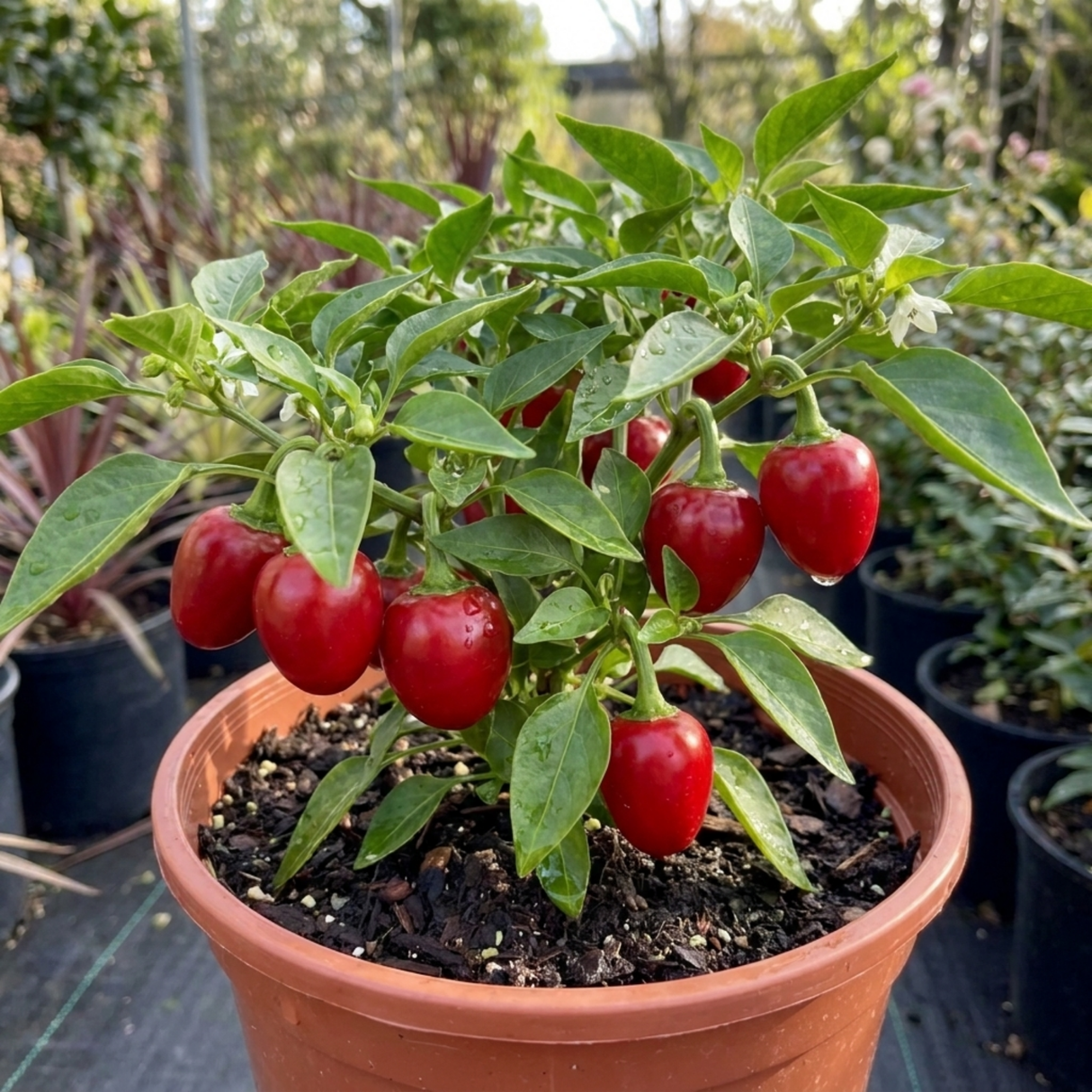 Sweet Pepper 'Snackbite Red', a grow-your-own pepper plant bearing small red snacking peppers.