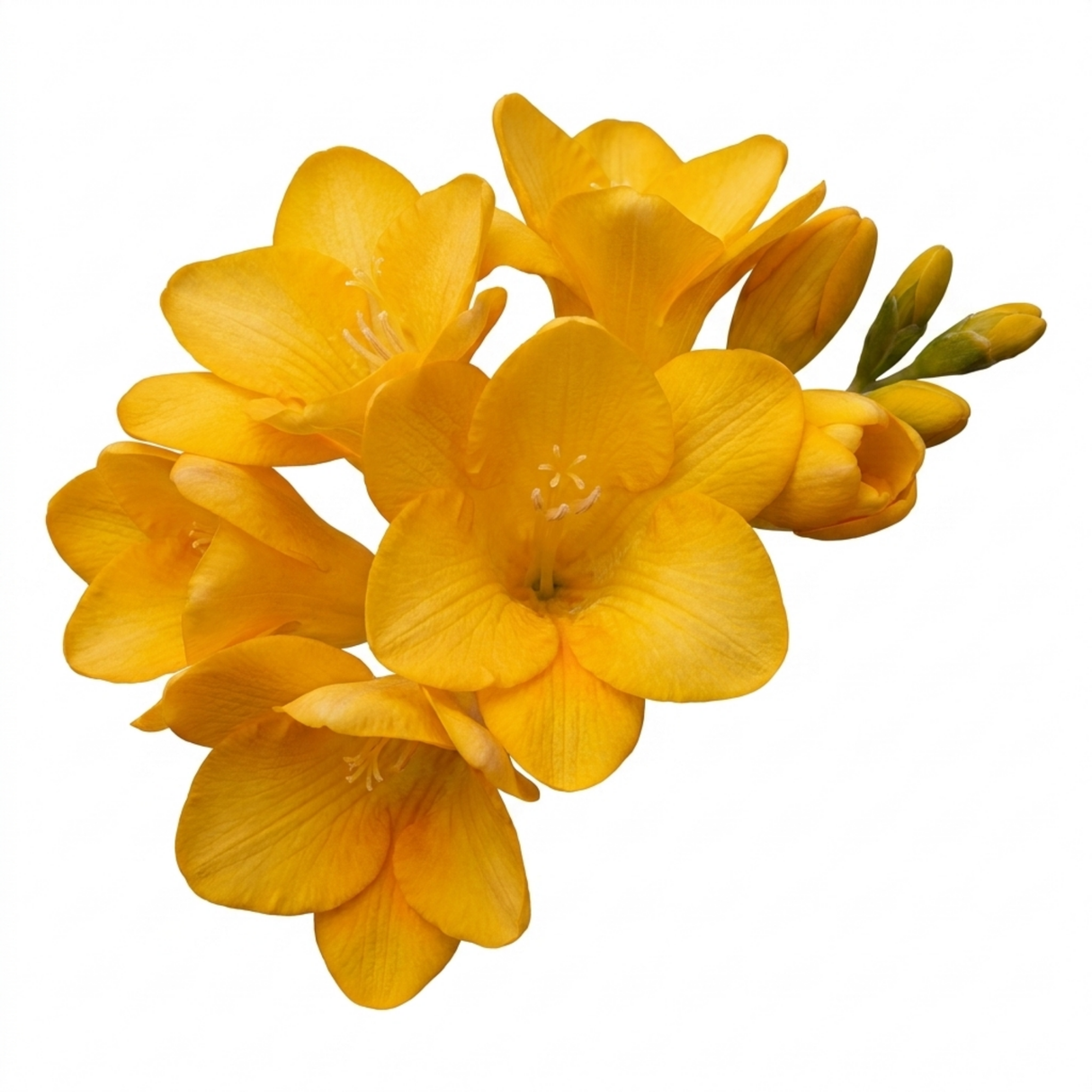 Freesia 'Gold River' showing its slender upright stems, narrow foliage and elegant flowers in bloom.