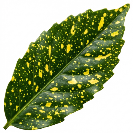 Aucuba 'Golden King' with broad glossy leaves marked by bright gold flecks and splashes across rich green foliage.