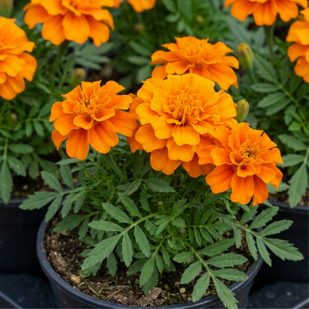 Further views of French Marigold 'Durango Tangerine' garden ready plant in a 2L pot at Cedar Nursery, Cobham, Surrey.