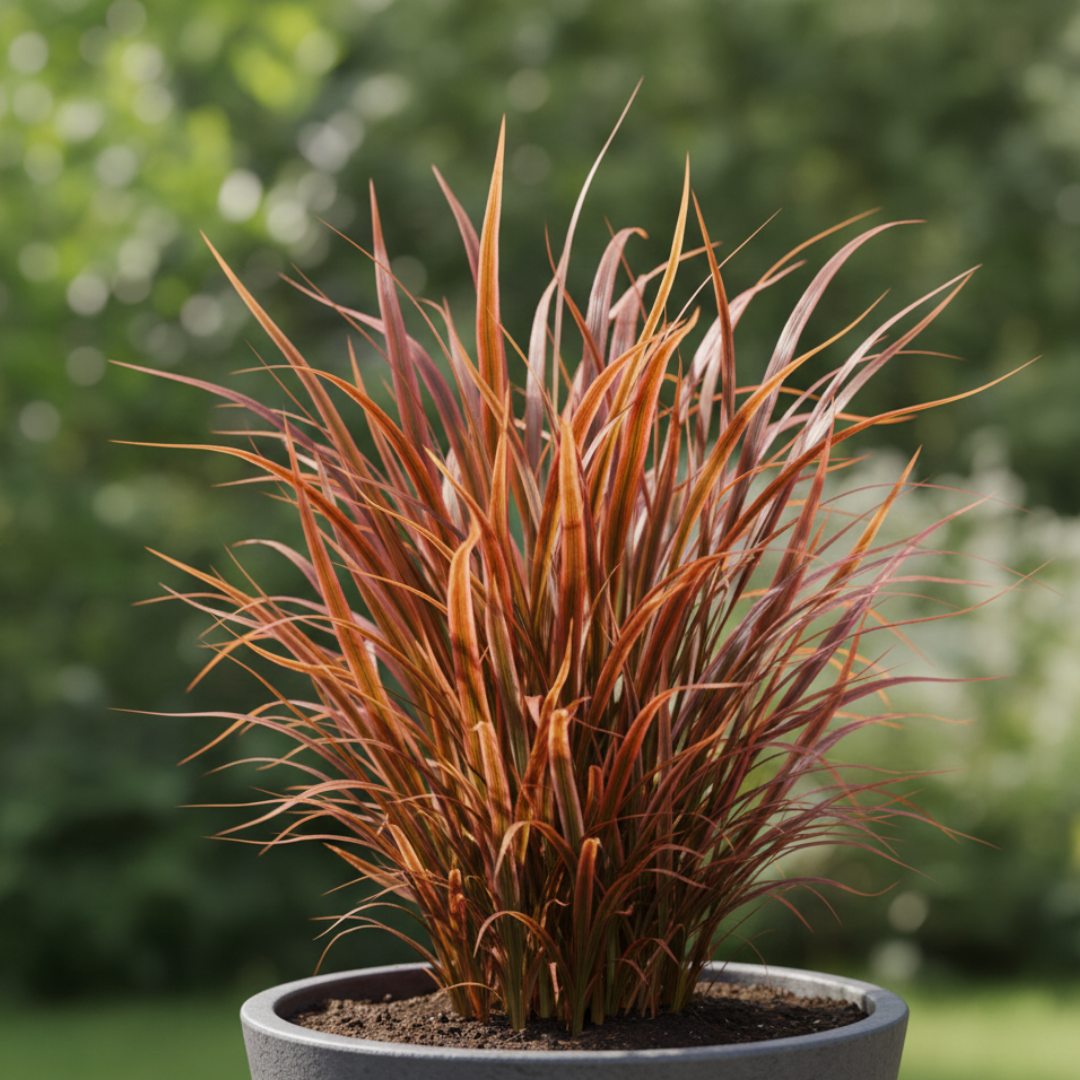 Uncinia rubra 'Everflame' large plant in a 2L pot, with arching grass-like foliage.