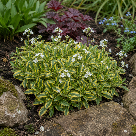 Arabis ferdinandi-coburgi 'Old Gold' variegated rock cress forming a low mat of gold-marked evergreen leaves